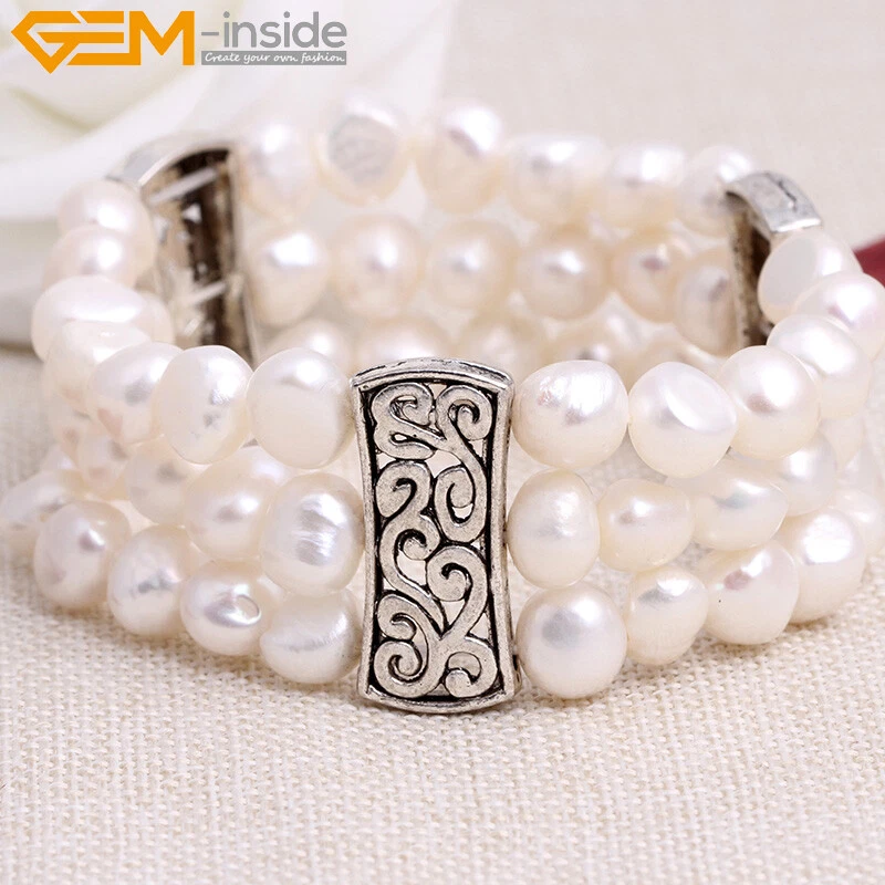 弹性天然白色淡水珍珠串珠珠宝手链手镯 7 英寸礼物 — 第 4/4 张图片