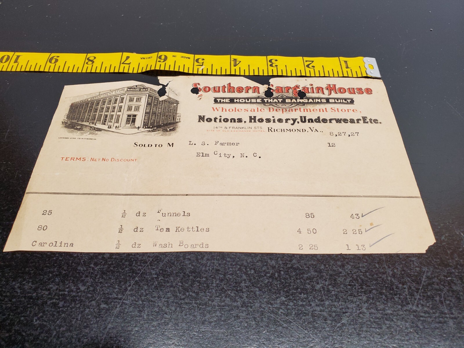 1927 Southern Bargain House Invoice - Nociones, medias, ropa interior, etc.