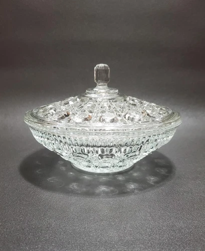 Vintage Federal Glass, Windsor Clear, Cane & Button Candy Dish w/ Lid, Excellent