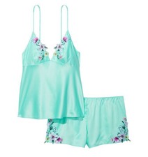 Victoria's Secret Floral Embroidery Cami Set satin seafoam blue mint XS S M XXL