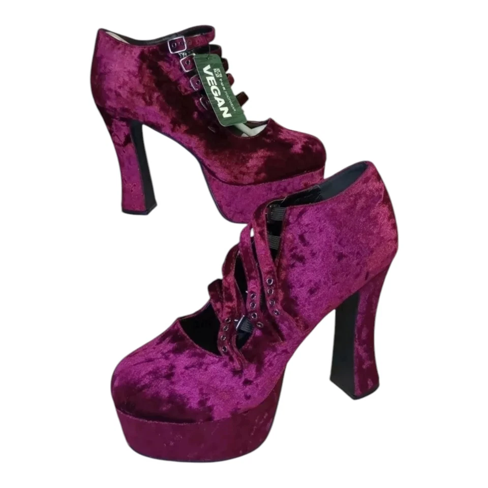 TUK Borgoña Terciopelo Tirantes Especias Plataforma Tacones Para Mujer Talla 11 A9437L NUEVO Foto 3 de 4