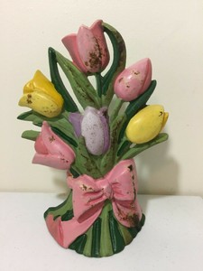 Détails Sur Vintage Peint Bouquet De Tulipes Fleurs Fonte Ressort été Cale Porte Métal
