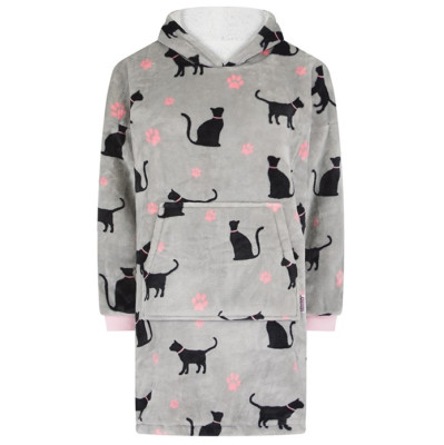 Superweiche kuschelige grau schwarze Katze rosa Pfote Kinder Kindergröße Lounge Hoodzie 