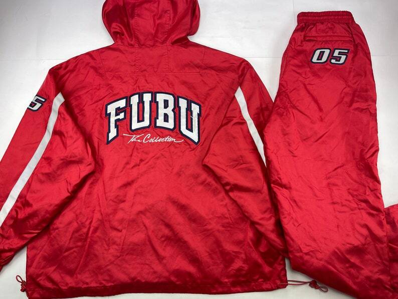 FUBU tracksuit, 1990s, red, baggy track suit jacket and FUBU tracksuit, 1990s, red, baggy track suit jacket and