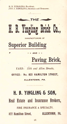 H B Yingling Brick Company Superior Building Paving Brick Allentown PA 1895 AD