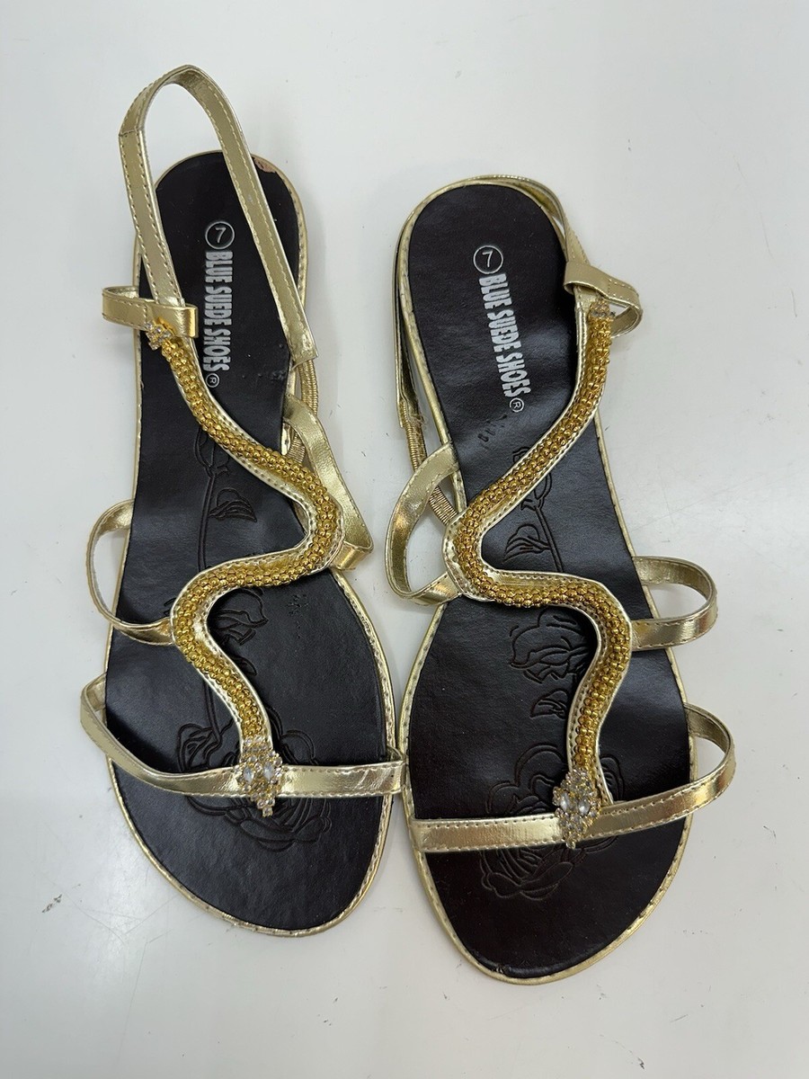 Blue Suede Shoes Womens Sandals Flats Size 6 (37) Gold Snake Wrapped