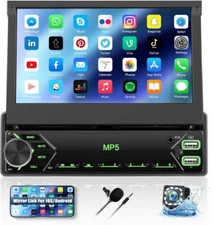 7" Single 1DIN Flip Car Stereo Bluetooth SD TF USB FM Mirror link MP5 + Camera