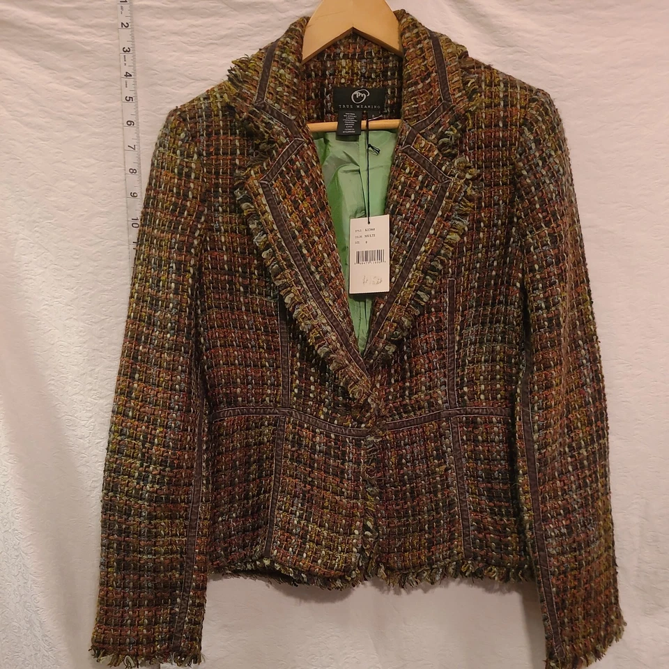 Nueva Chaqueta Blazer Verde Tweed Verdadero Significado Flecos Forrada Talla 0 Multicolor Foto 2 de 4