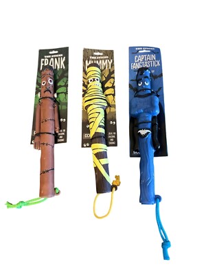 Set Of 3 Dog Fetch Toys Halloween Tree Sticks Frank Mummy & Captain Fangtastick