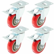 4 Pack 4" Caster Wheels Swivel Plate Total Lock Brake Red Polyurethane PU