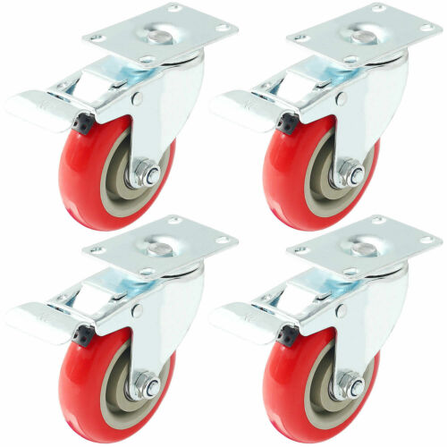 4 Pack 4" Caster Wheels Swivel Plate Total Lock Brake Red Polyurethane PU - Afbeelding 1 van 3