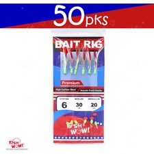 50pks Size 6 Fish WOW! Piscatore Sabiki Bait Rig Gold 6 hooks Red White Feather
