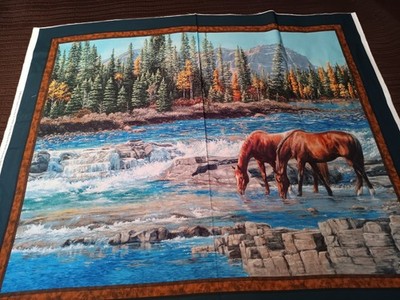 On the Rocks 36x44 Horse Fabric Panel Mountains Trees Creek Marshall Dry Goods