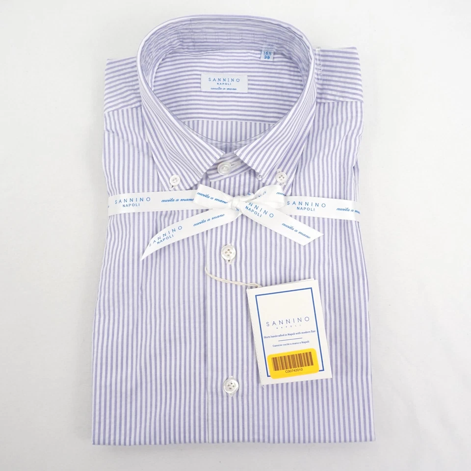 Sannino Napoli Striped Button Down Dress Shirt In Purple/White - Size 39/15.5"