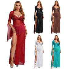 Women Egyptian Belly Dance Mesh Dress Trim Slit Hem Tassel Maxi Dress Party