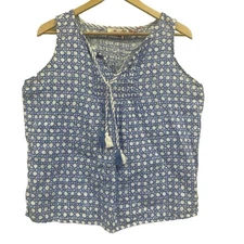 Vineyard Vines Blue White Geo Pattern print linen Sleeveless Blouse Top Med