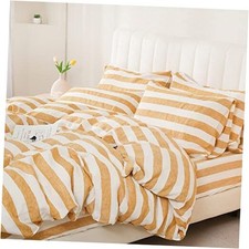 100 Organic Linen Duvet Cover Set 3pcs,Yarn Dyed King set 3pcs Yellow Stripe