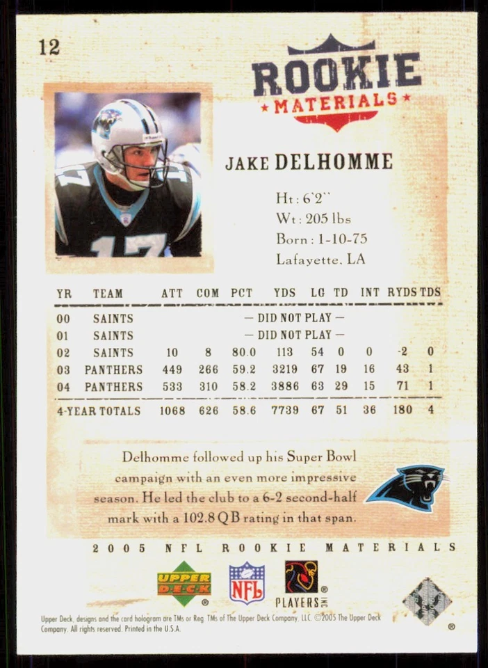 2005 Upper Deck Rookie Materials Jake Delhomme Panthers #12 - Image 2 of 2