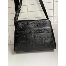 Vintage Hand Tooled Black Leather Aztec Calendar Rose Floral Shoulder Bag Purse