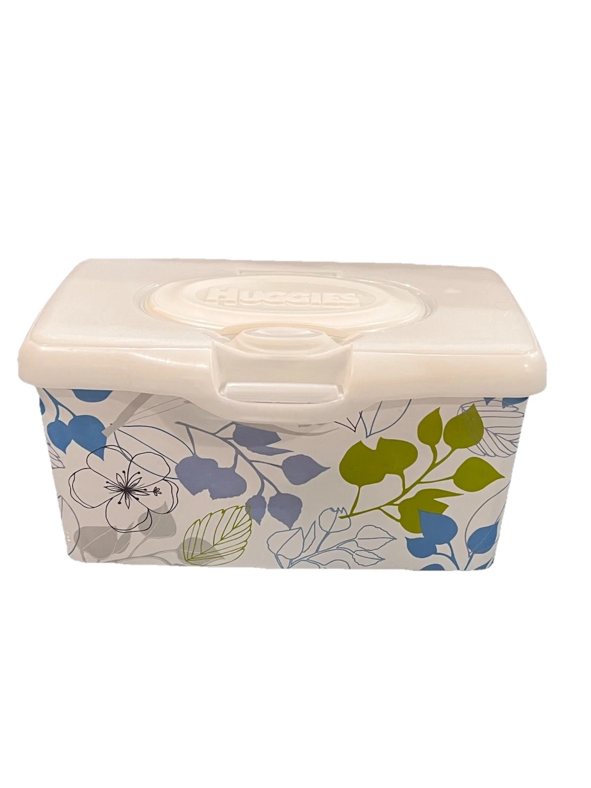 Huggies EMPTY Baby Wipes Container Blue Green Gray Leaves Flowers Dispenser 2016