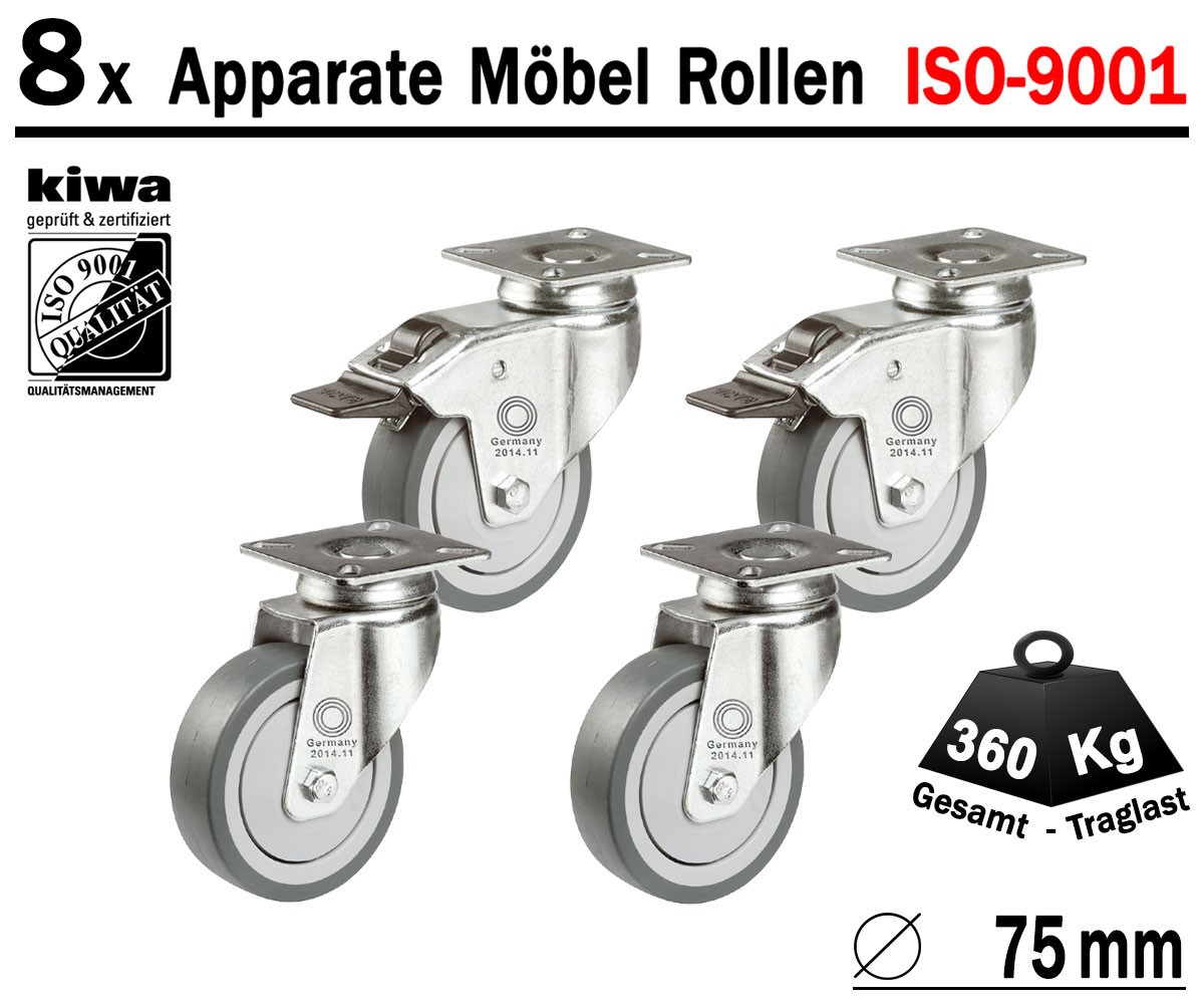 Möbelrollen Apparate Laufrollen Lenk Rollen 8 x Ø 75 mm Br-Le BS-Rollen Germany