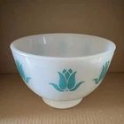 Vintage Fire-King Ware Milk Glass "Cottage Cheese" Bowl Turquoise Tulip Pattern
