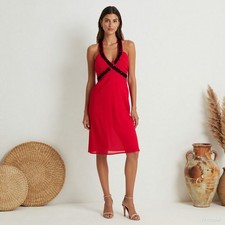 Evening Glam Knee Length Dress Red Black Sheath Sleeveless Pockets Lined US 4