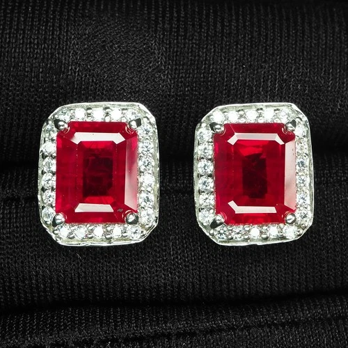 925 Sterling Silver White Gold Earrings Charming Blood Red Ruby Baguette 8.50Ct
