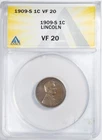 1909-S ANACS VF20 Lincoln Wheat Penny Cent Very Fine 1C
