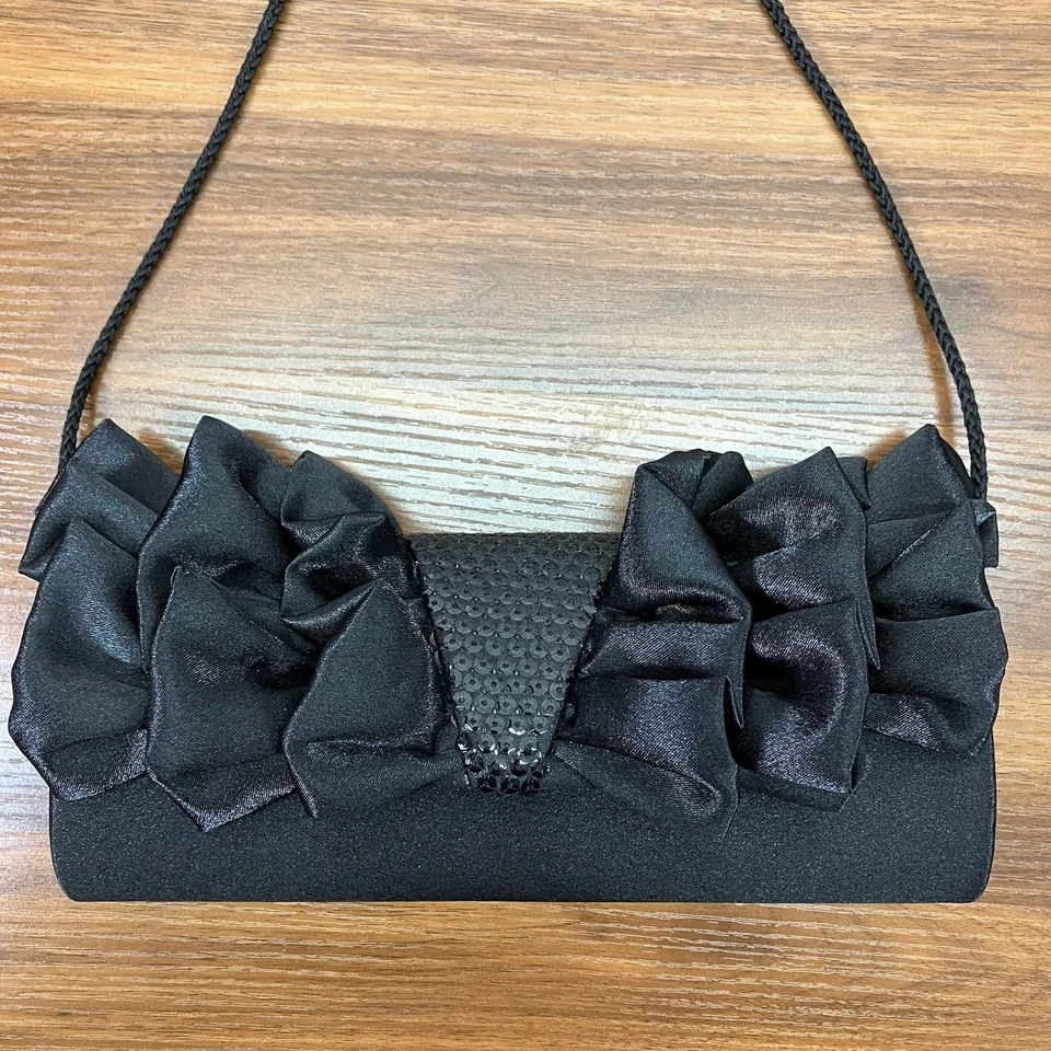 Bolso sin asas Jessica McClintock para mujer negro vintage con lazo y volantes lentejuelas Foto 3 de 4