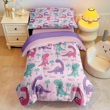 4 Piece Toddler Dinosaur Bedding Set for Girls,Pink Dino Toddler Comforter Se...