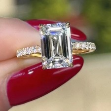 2.70Ct Emerald Cut Moissanite Hidden Halo Engagement Ring 14K Yellow Gold Plated