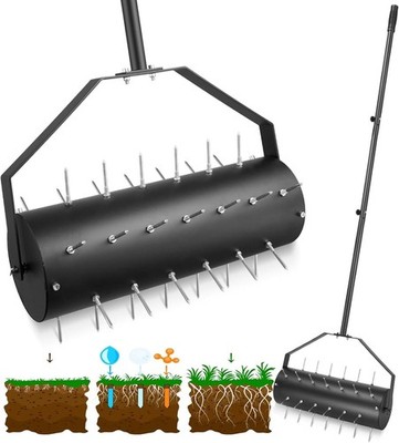 18-inch Rolling Lawn Aerator Tool, 50''-70'' Handle Heavy Duty Spike Aerator with