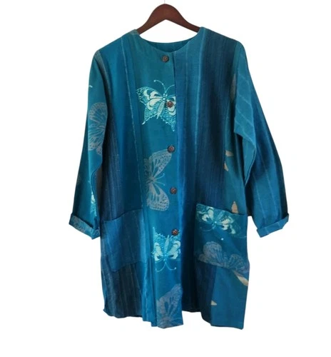 Wild Thing Wild Woman Cotton Button Long Jacket Blue Butterfly Size S M Pockets