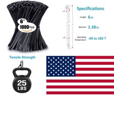 Durable Black Cable Ties 6 Inch, 1000 Count, 25 lb Strength - Ideal for Projects