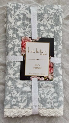 NWT Nicole Miller 4-Piece Gray Angelica Lace Napkins Set of 4 Cotton 20x20 India