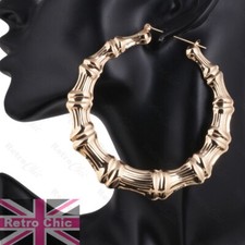 GOLD FASHION 10cm JUMBO BAMBOO HOOP EARRINGS 4"big GIANT XL HOOPS metal UK