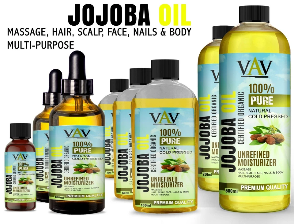 VAV Jojoba Golden Certified Organic Oil Moisturises Massage Hair Scalp, Nails & Skin