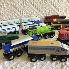 Lot of 13 Wooden Magnetic Trains Maxim Enterprise Brio Thomas Railroad Cars