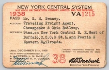 New York Central System Railroad 1938 Yearly Pass #1215 S.M. Swaney