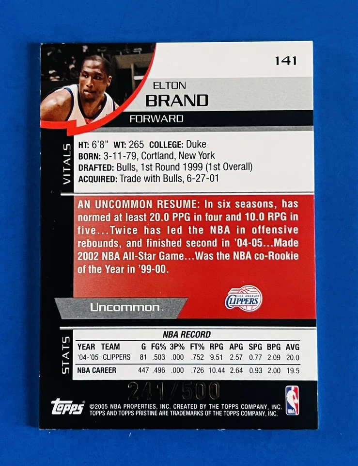 2005-06 Topps Pristine Elton Brand Uncommon Game Worn Jersey Card #141; #d /500 - Image 2 of 2