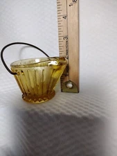 Amber Glass Small Scuttle Coal Bucket Ashtray Toothpick Wire Handle vintage 2"
