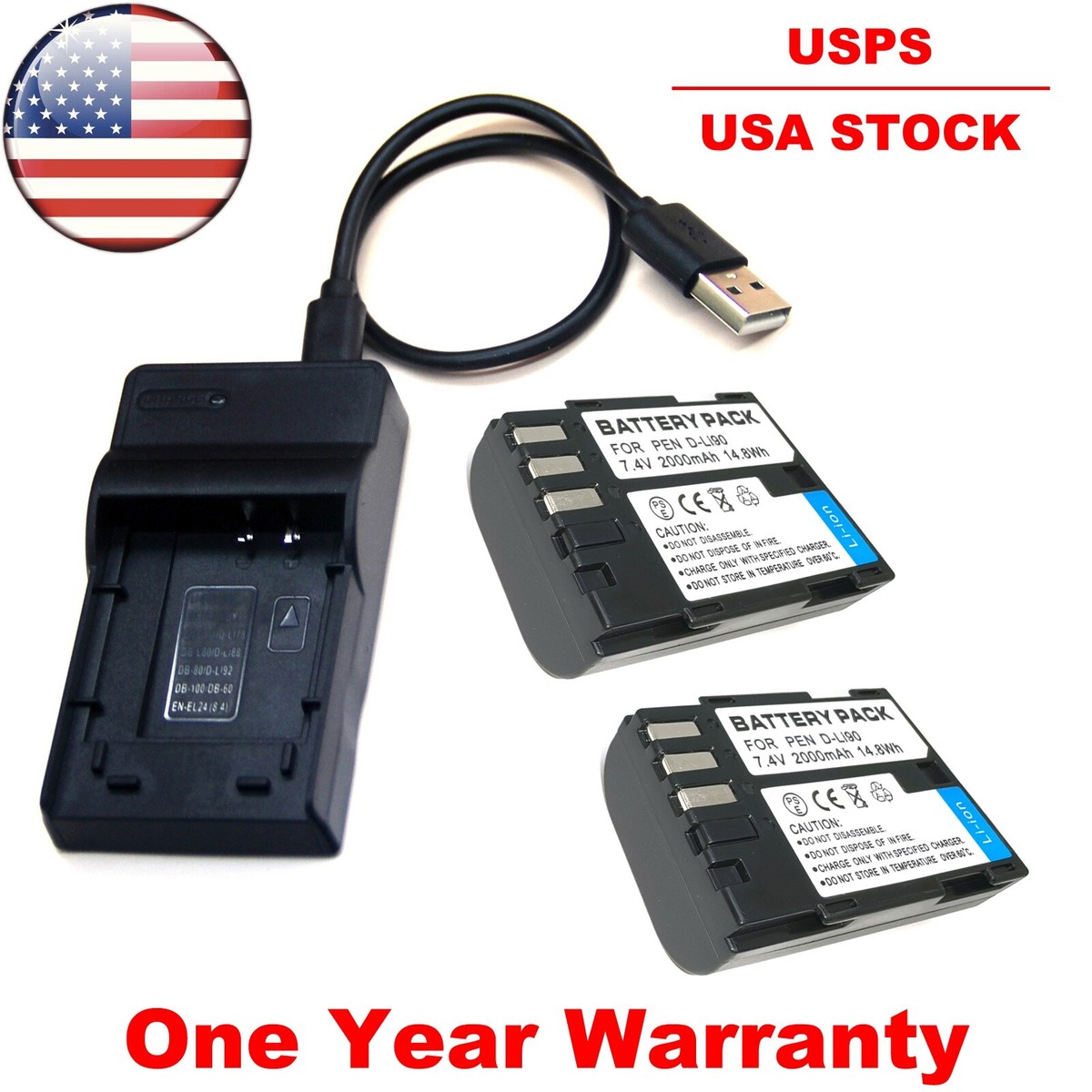 Battery Pack / USB Charger For Pentax 39830 39835 D-Li90 D-L190 D