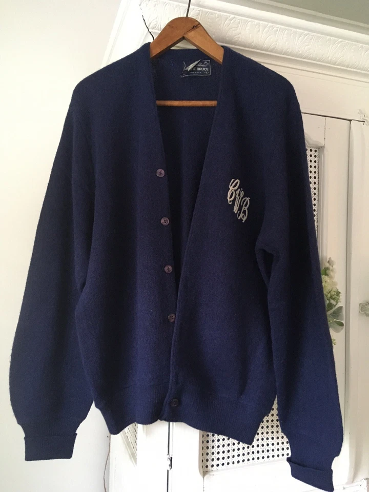 "Cárdigan suéter vintage AZUL OSCURO para hombre Robert Bruce cuello en V 6 botones L 44"""  Foto 4 de 4