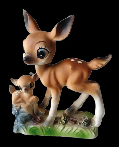 Vintage Japan Kitschy Anthropomorphic Mother Deer and Fawn Meadow