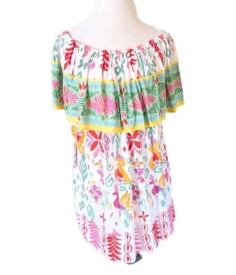 Rachel Zoe Paradise Top 1X Off Shoulder Tropical Floral Rayon White Boho NEW 