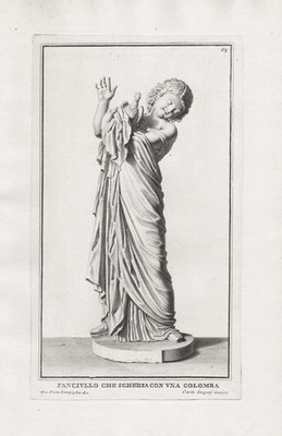 Boy Junge dove Taube Kupferstich engraving incisione Campiglia 1735