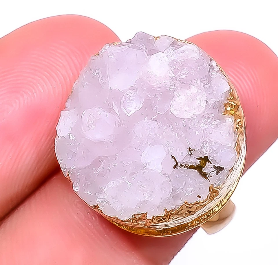 Anel de latão banhado a ouro eletroformado quartzo branco drusy tamanho ajustável (R19) - Imagem 2 de 4