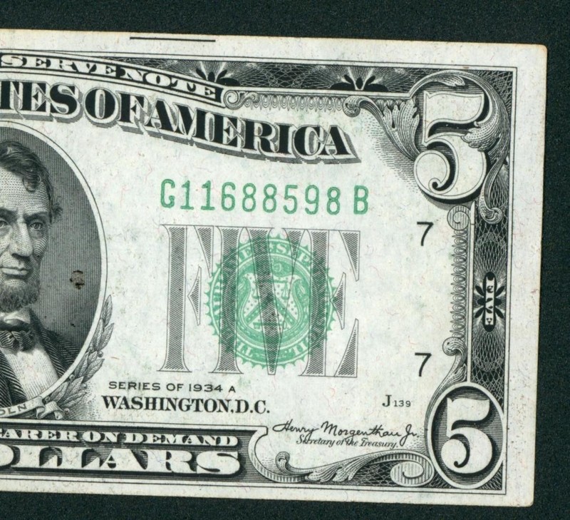 $5 1934 ((AU)) Federal Reserve Note ** DAILY CURRENCY (1st of 2 consecutive)