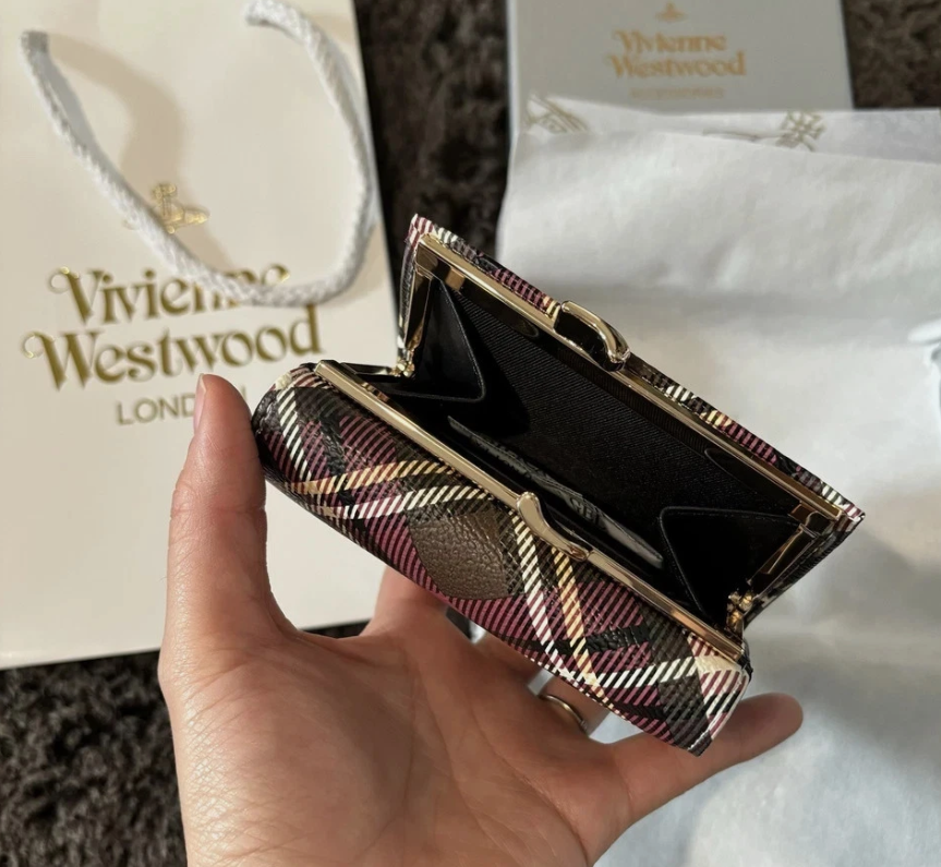 Vivienne Westwood Clasp Trifold Saturn Pink Plaid Leather Wallet
